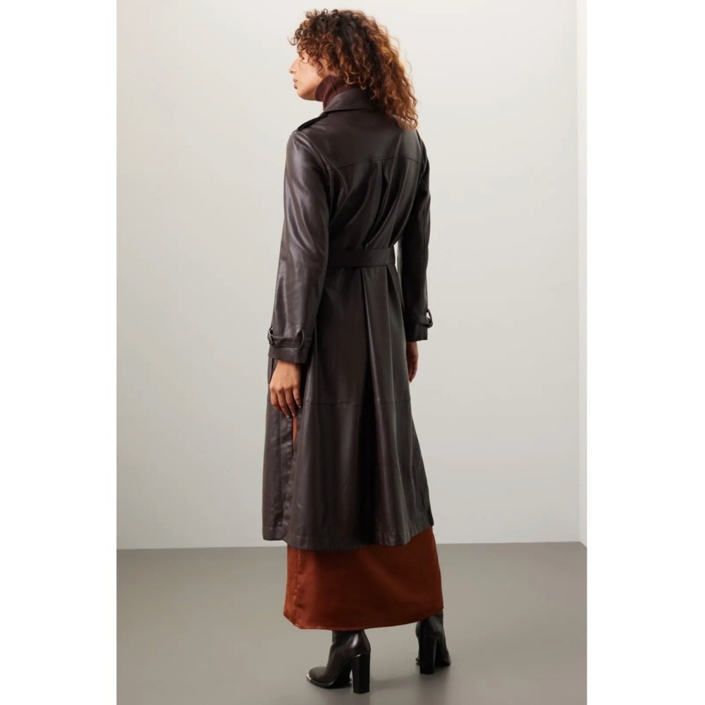 Osman Yousefzada Faux Leather Trench Coat Long Belted Brown‎ Vegan Sz 10 - Picture 4 of 16